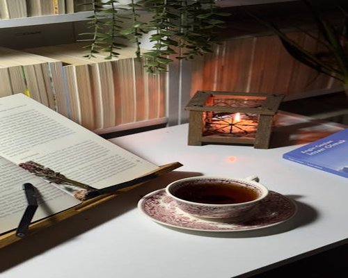 Cozy home environment with a warm cup of herbal tea during evening